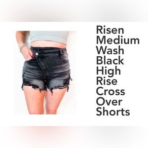 Risen medium wash black high rise cross over shorts XL